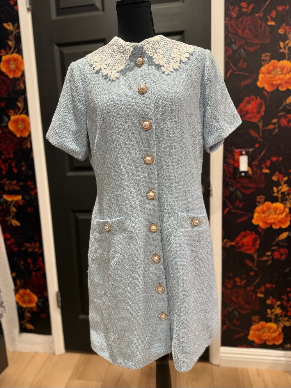 ALEXIA ADMOR Grady Tweed Dress featuring pearl buttons and a lace collar.